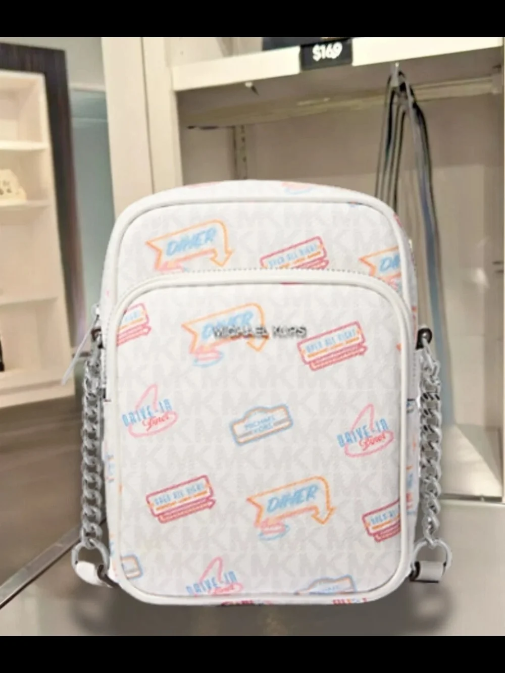 Michael Kors Jet Set Travel White Logo Crossbody Bag with Retro Medium Print NWT